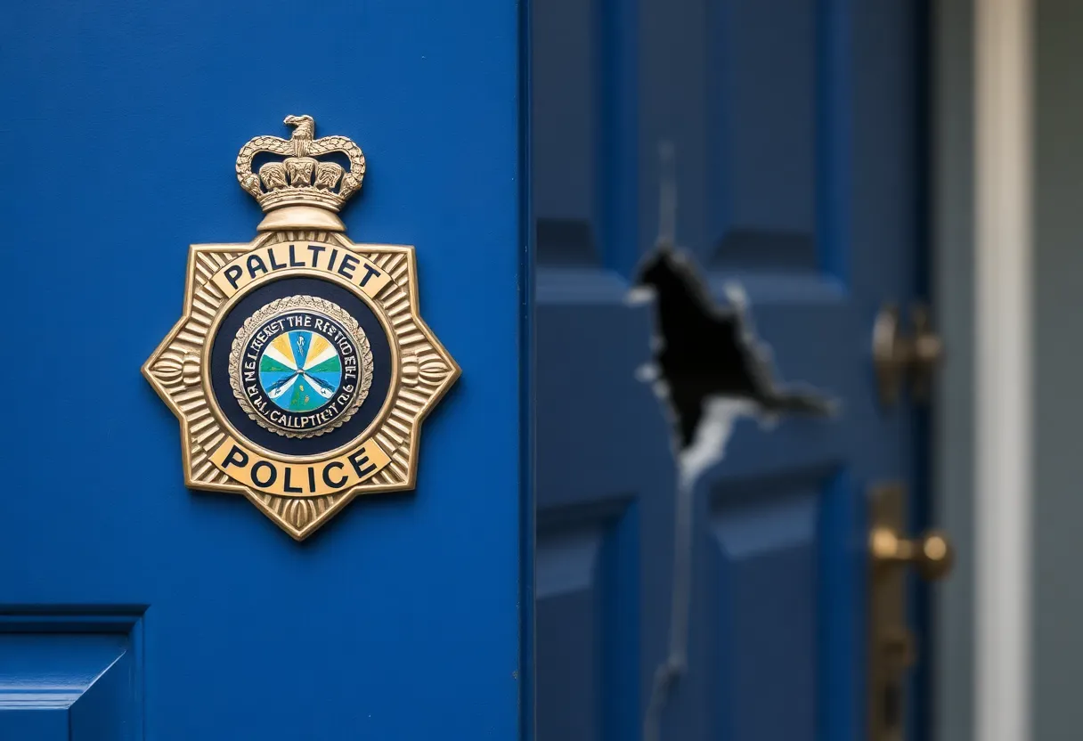 A damaged front door and police badge representing officer misconduct.
