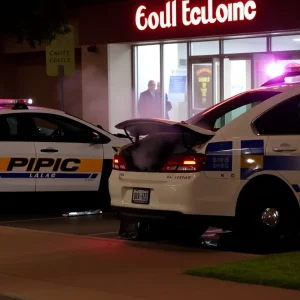 Two Dallas police squad cars after a collision, with one emitting smoke.