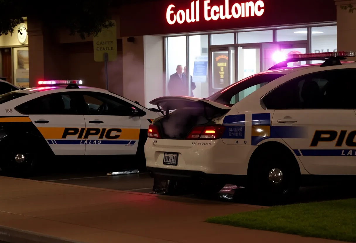 Two Dallas police squad cars after a collision, with one emitting smoke.