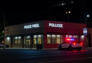 Dallas police station with emergency lights at night