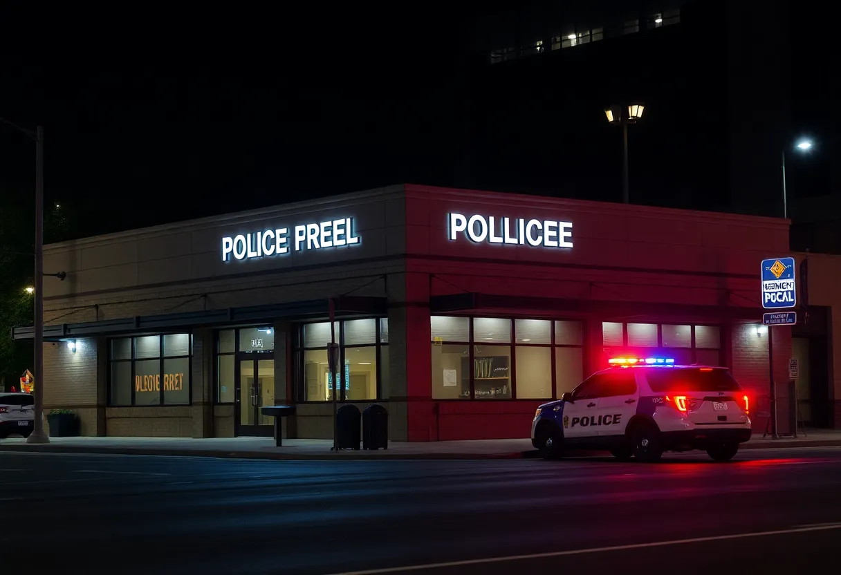 Dallas police station with emergency lights at night