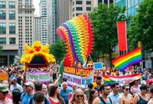 A vibrant scene from the Dallas Pride Parade showcasing community celebration.