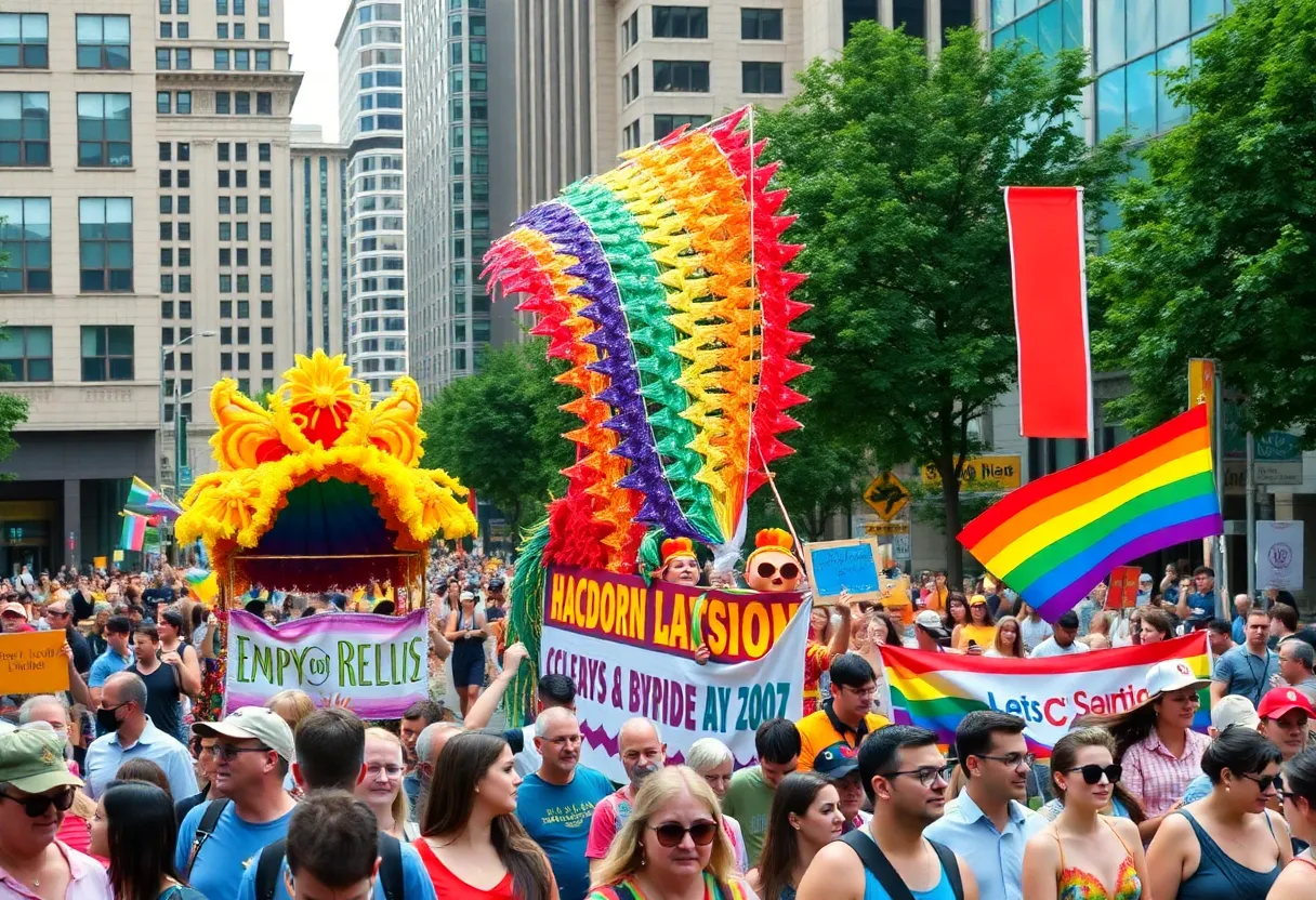 A vibrant scene from the Dallas Pride Parade showcasing community celebration.