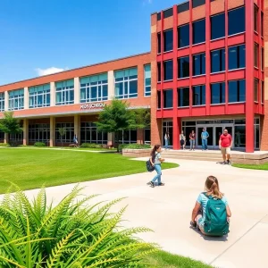 A high school in Dallas with students learning outside