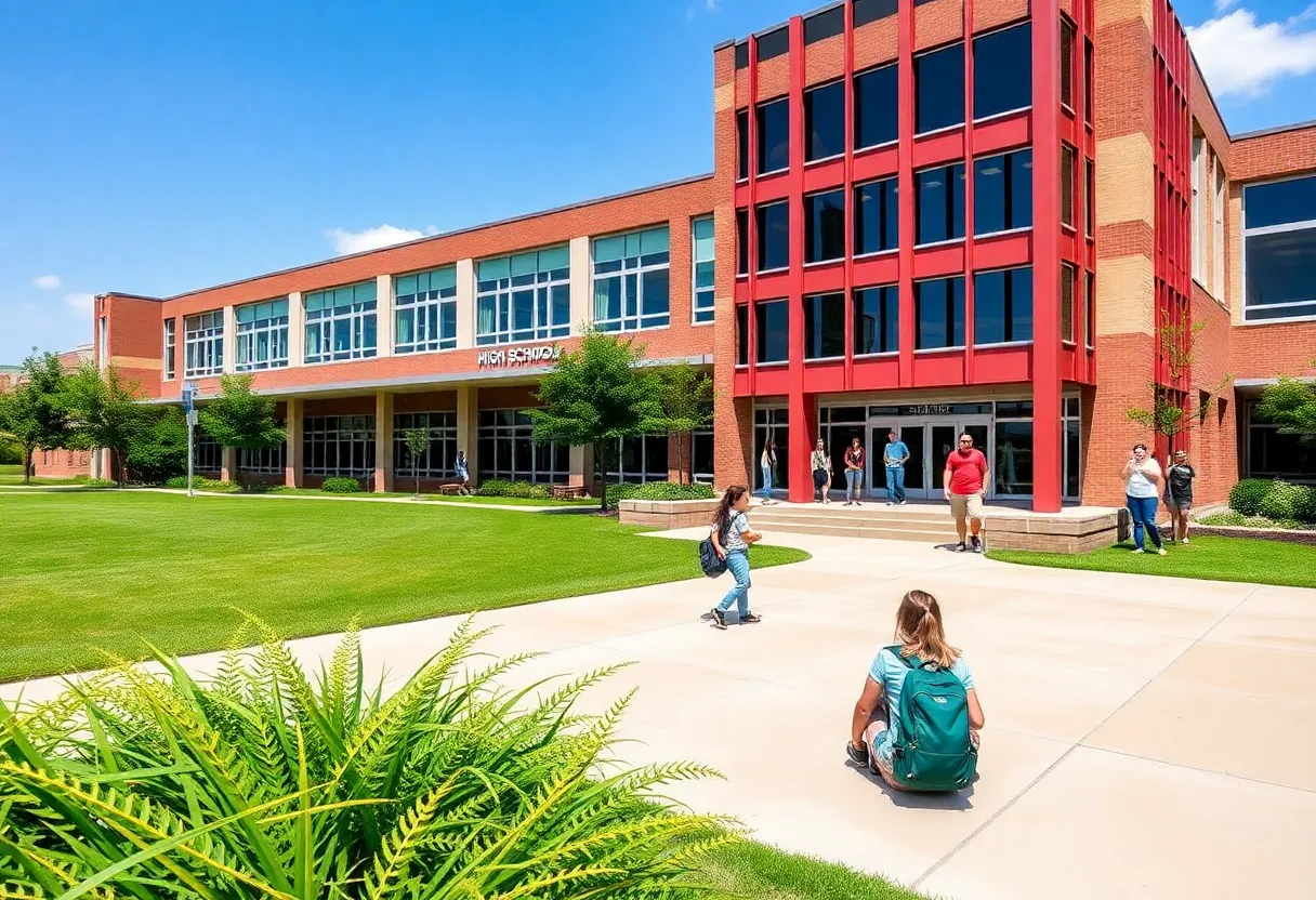 A high school in Dallas with students learning outside