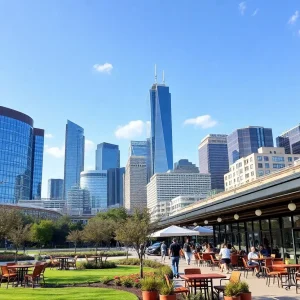 Dallas skyline with parks and cafes