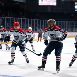 Youth hockey players competing in a prospect game
