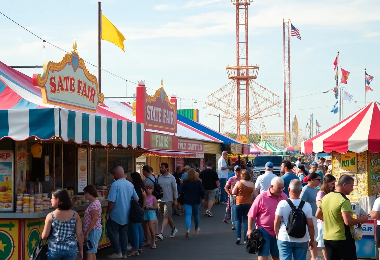 Scene from the State Fair of Texas showcasing food booths and attendees.