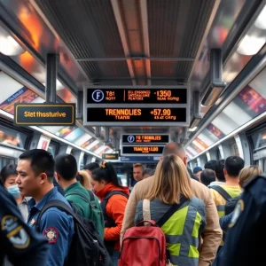 Public transit scene in Dallas showcasing commuters and security personnel.