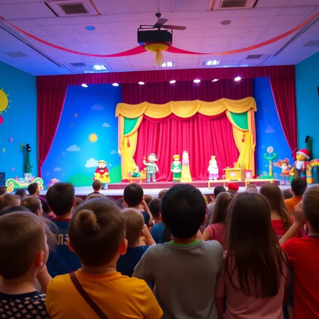 A children's theater production featuring a colorful stage and young audience captivated by the performance.