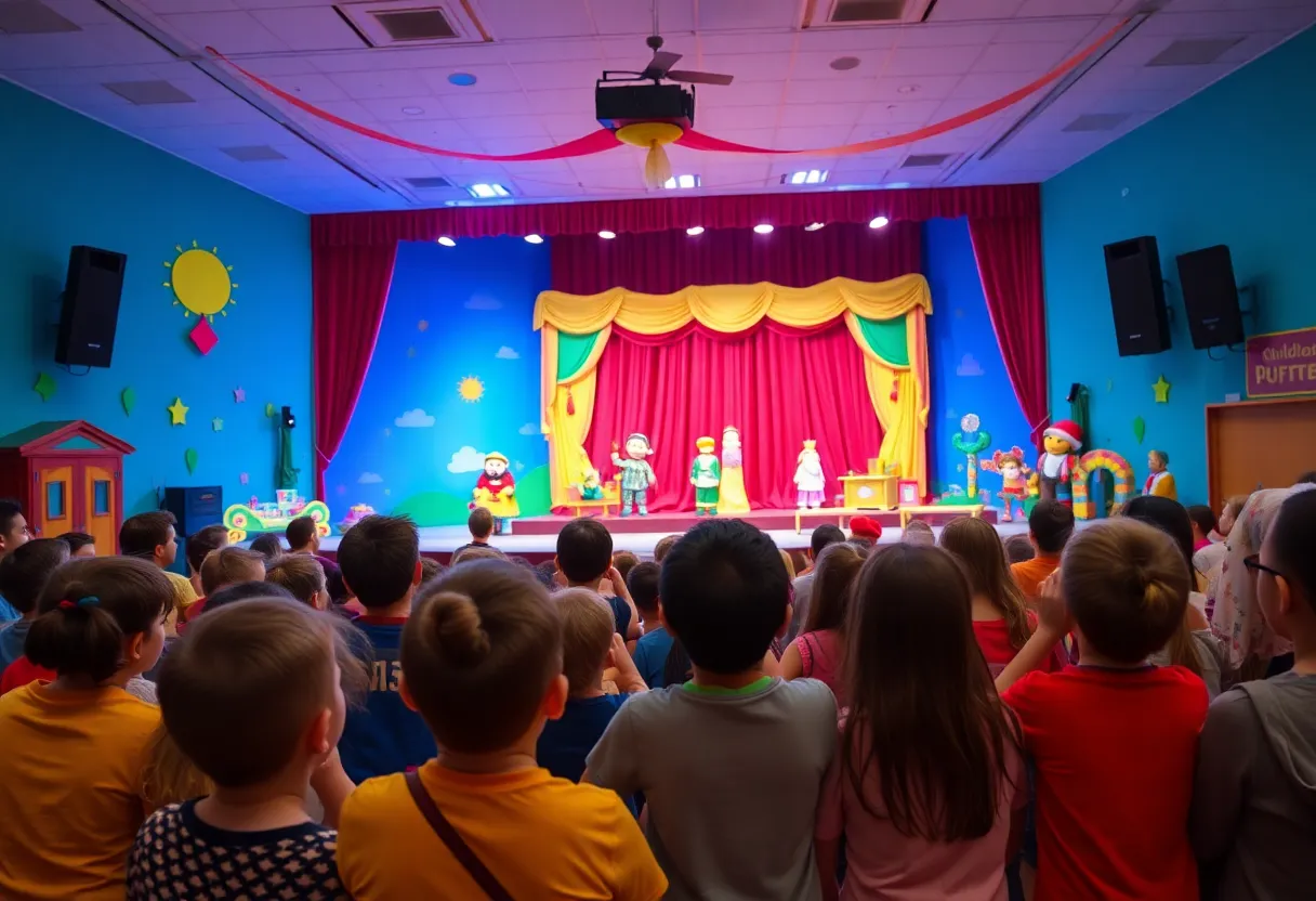 A children's theater production featuring a colorful stage and young audience captivated by the performance.