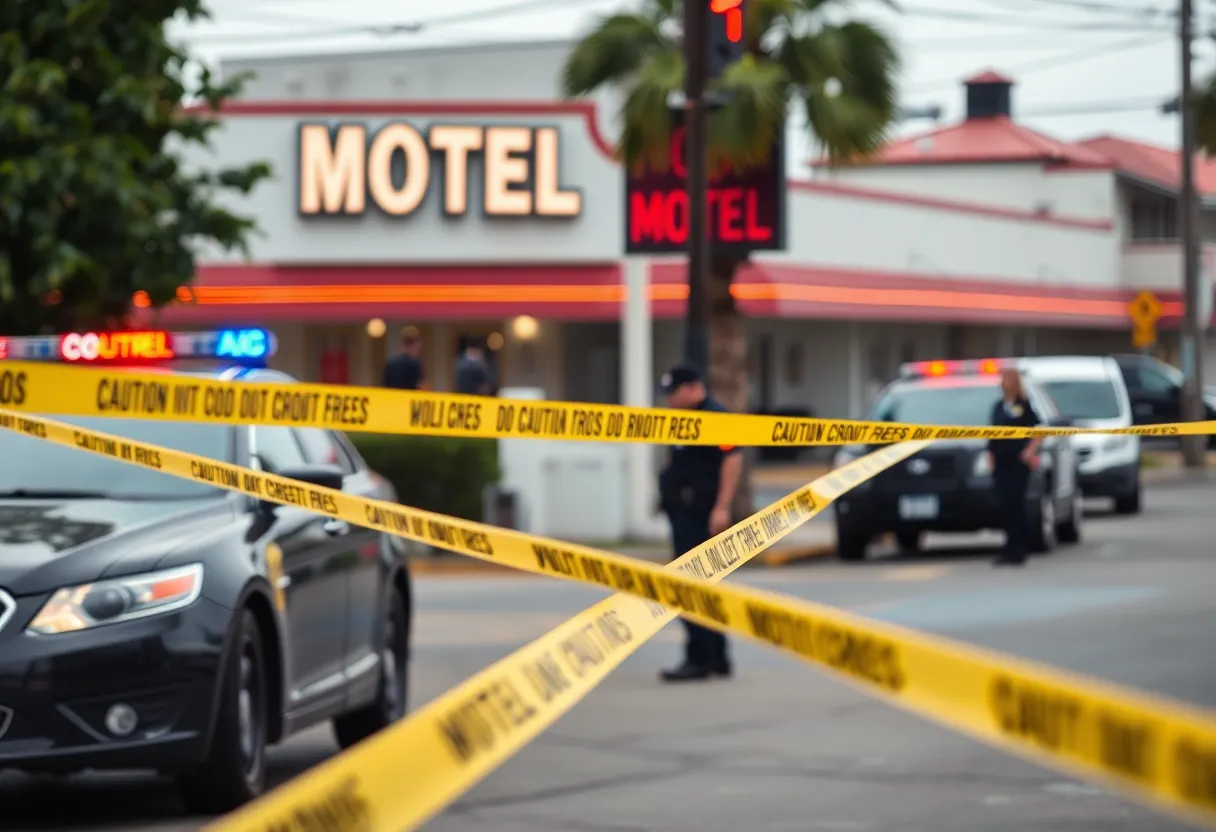 Police vehicles and caution tape at a motel crime scene in Dallas