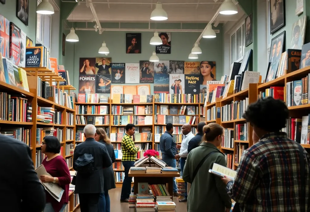 Interior view of Deep Vellum Bookstore with customers browsing books