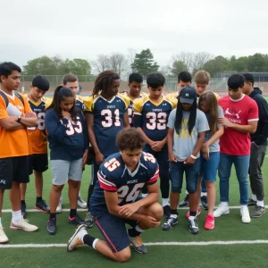 Denton High School football team showing support for a teammate in remembrance