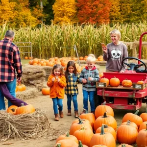 Family enjoying the activities at a pumpkin patch in Dallas-Fort Worth