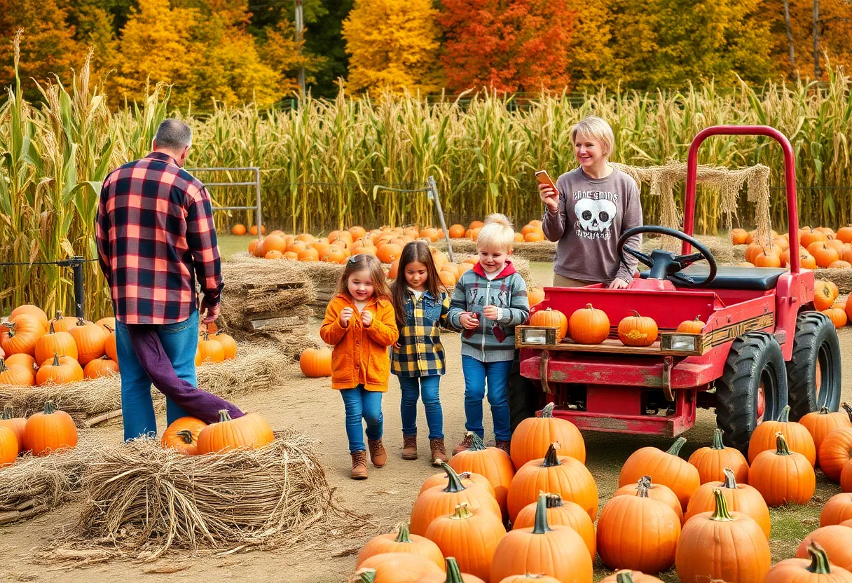 Family enjoying the activities at a pumpkin patch in Dallas-Fort Worth