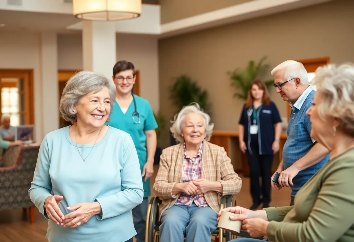 Staff assisting seniors in a memory care facility