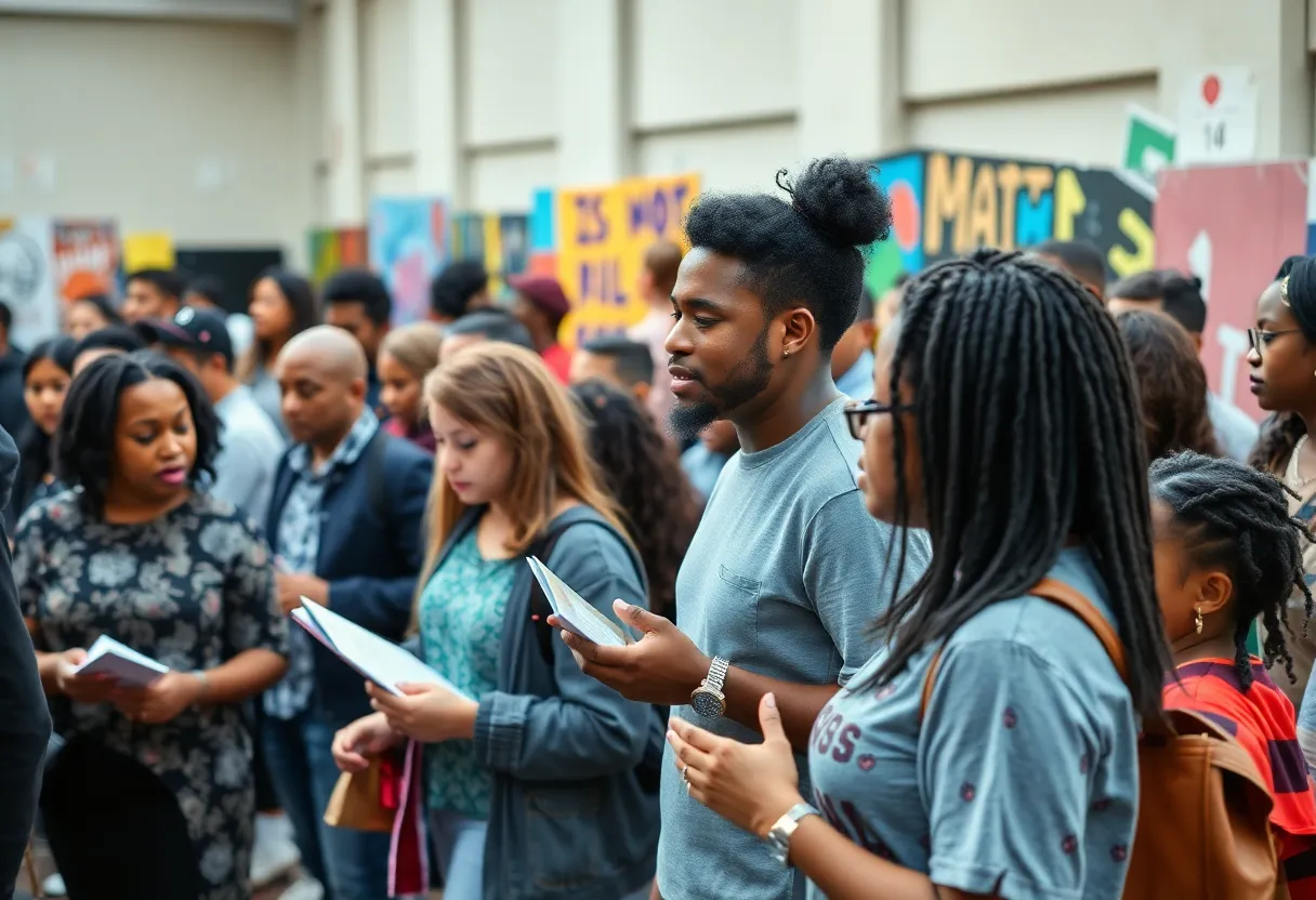 Community members participating in a spoken word event with art and children's activities.