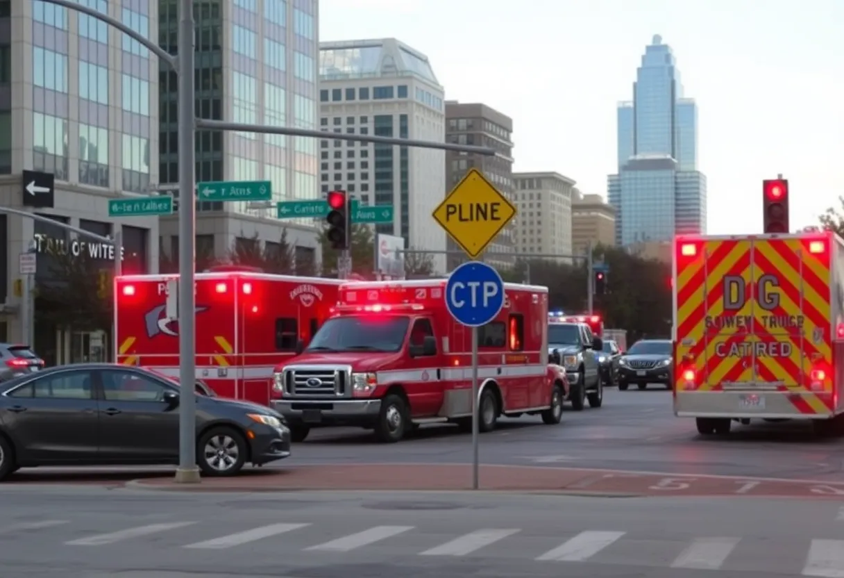 Emergency response scene at downtown Dallas intersection