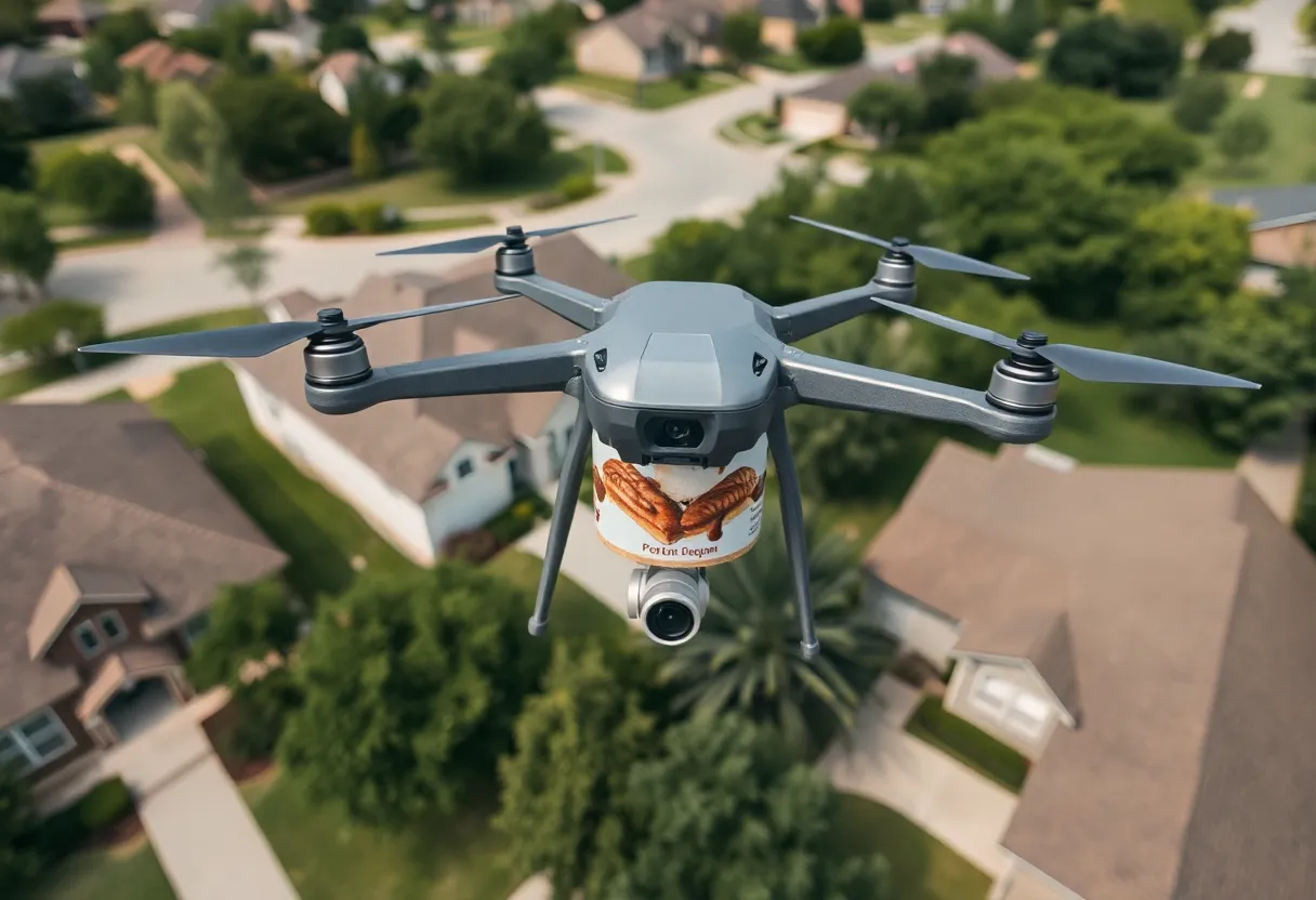Drone delivering Blue Bell ice cream