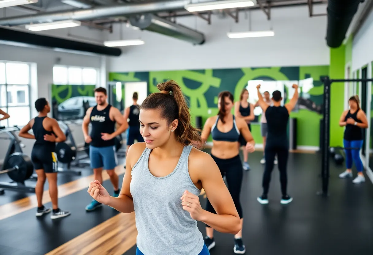 Interior view of a fitness training center with clients participating in group workouts.