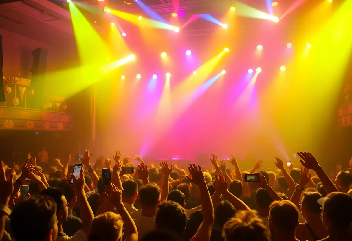 Crowd enjoying a music concert scene with colorful lights.