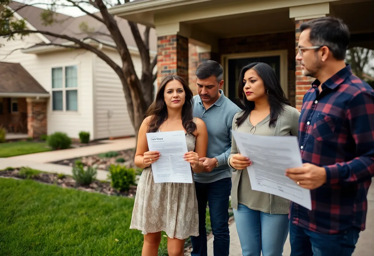 A distressed family outside their home dealing with alleged deed fraud.