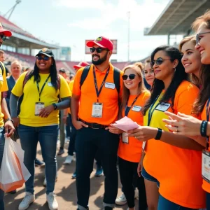 Diverse group of volunteers assisting at a FIFA World Cup event in Dallas.
