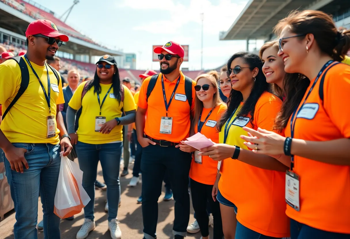 Diverse group of volunteers assisting at a FIFA World Cup event in Dallas.
