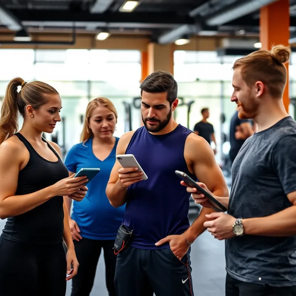 Fitness professionals analyzing nutrition data with clients in a gym