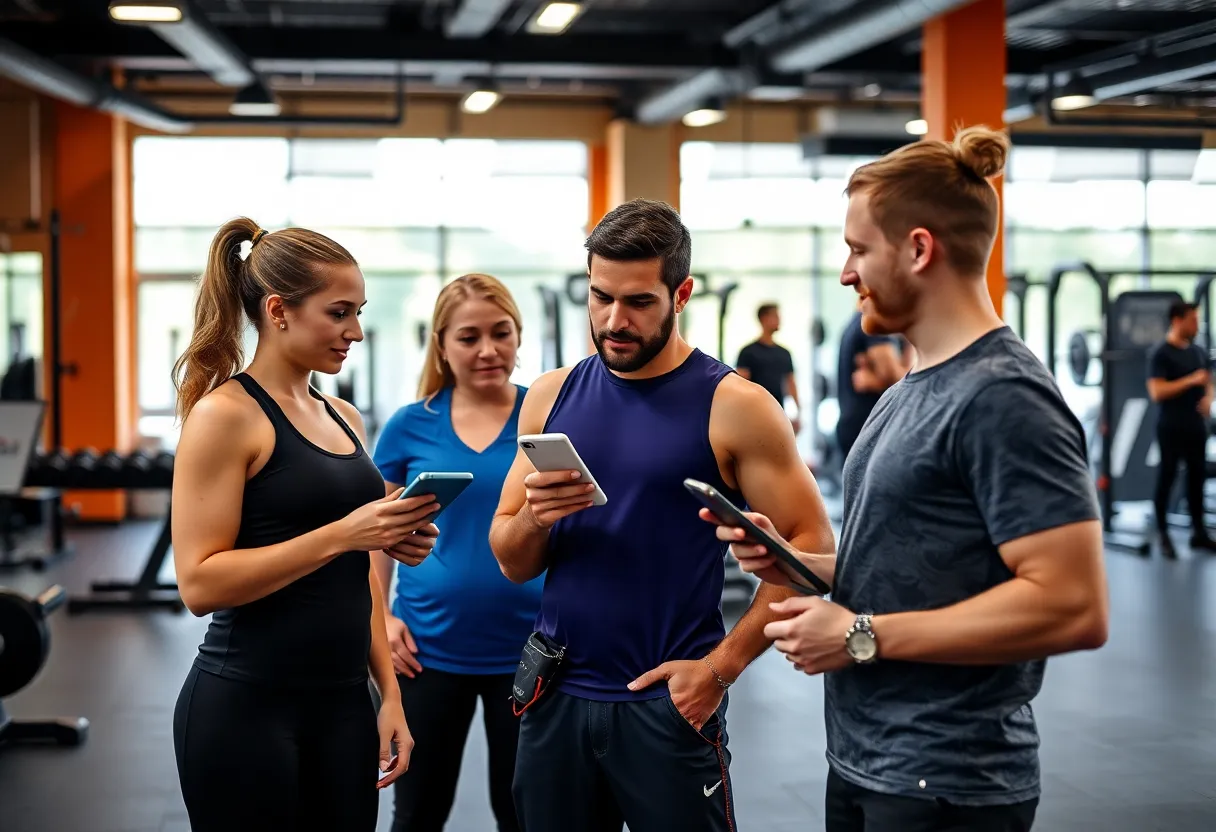 Fitness professionals analyzing nutrition data with clients in a gym