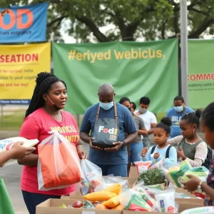 Families receiving food assistance at a distribution event in Dallas
