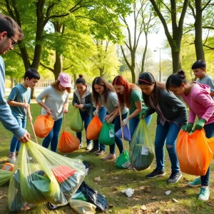 Volunteers participating in a community cleanup at Frisco Commons Park.