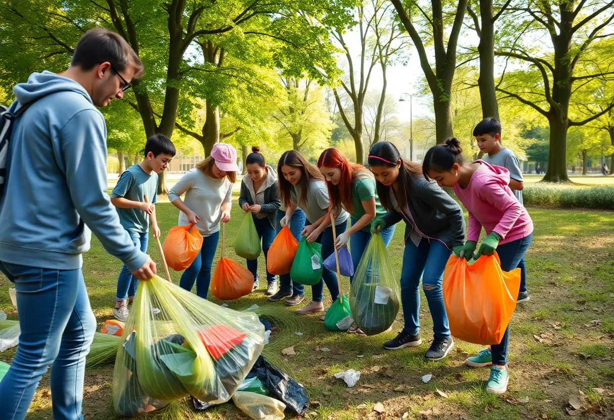 Volunteers participating in a community cleanup at Frisco Commons Park.
