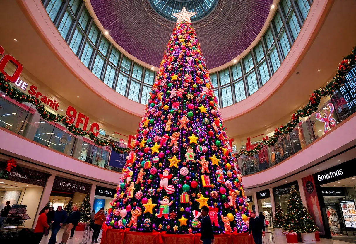 Tall indoor Christmas tree at Galleria Dallas with festive lights