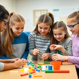 Middle school girls participating in a STEM project