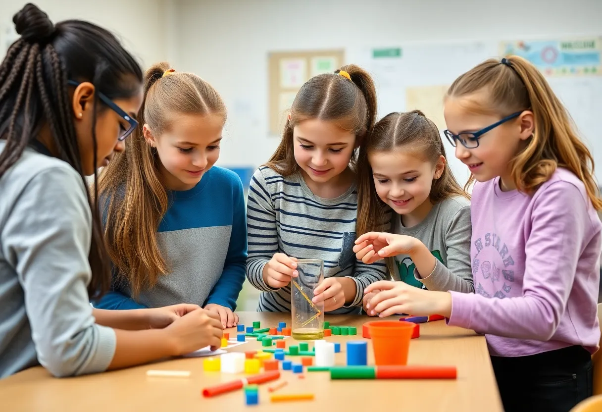 Middle school girls participating in a STEM project
