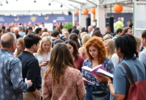 A lively festival atmosphere with attendees engaged in activities and discussions.