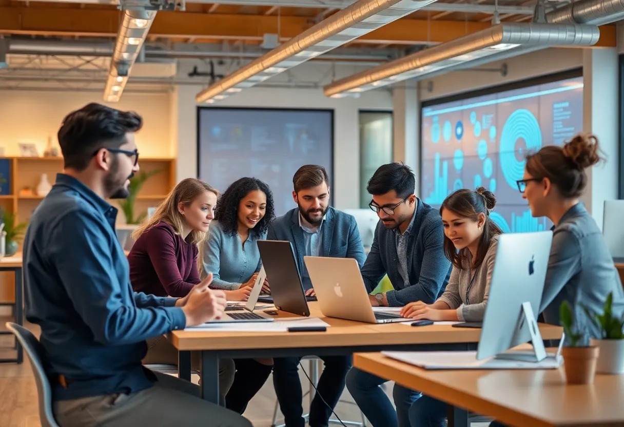 Professionals collaborating in a modern workspace.