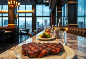 Interior of JW Steakhouse with steak dishes and skyline view.