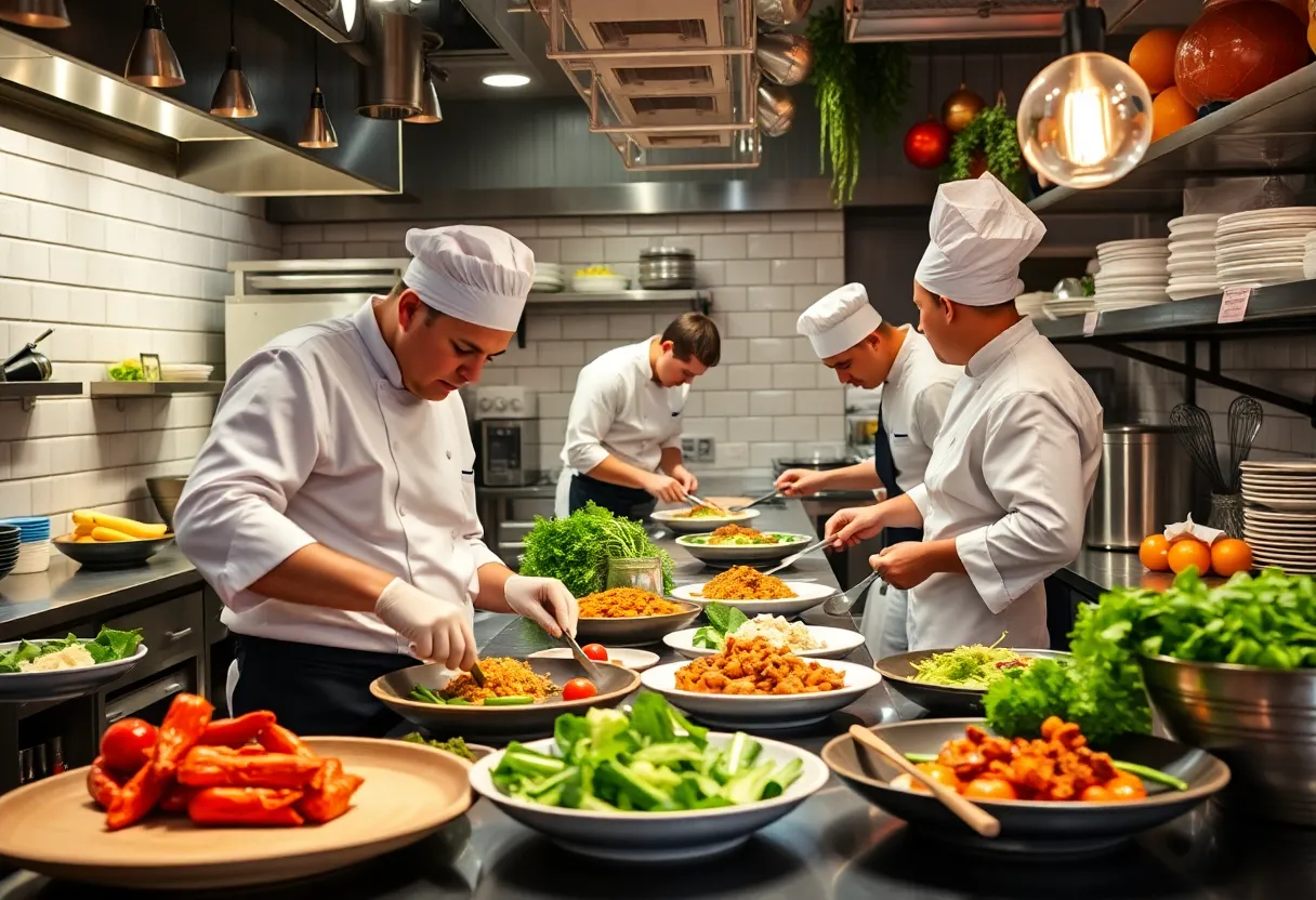 Chefs working together in a kitchen to prepare dishes for a culinary event