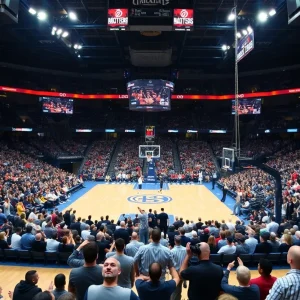 Fans cheering at a live NBA game in a packed stadium.