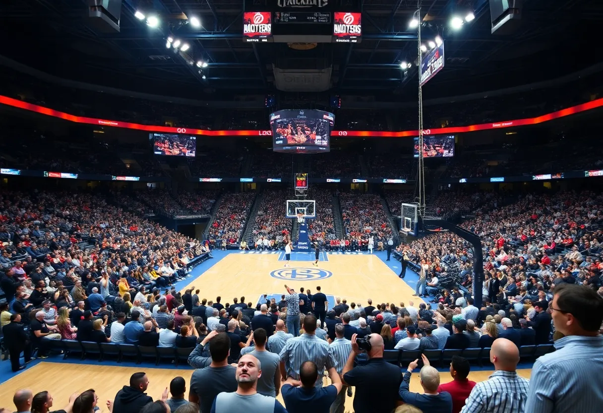 Fans cheering at a live NBA game in a packed stadium.