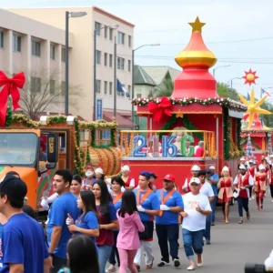Crowd enjoying the Christmas parade in McAllen with floats and performers.