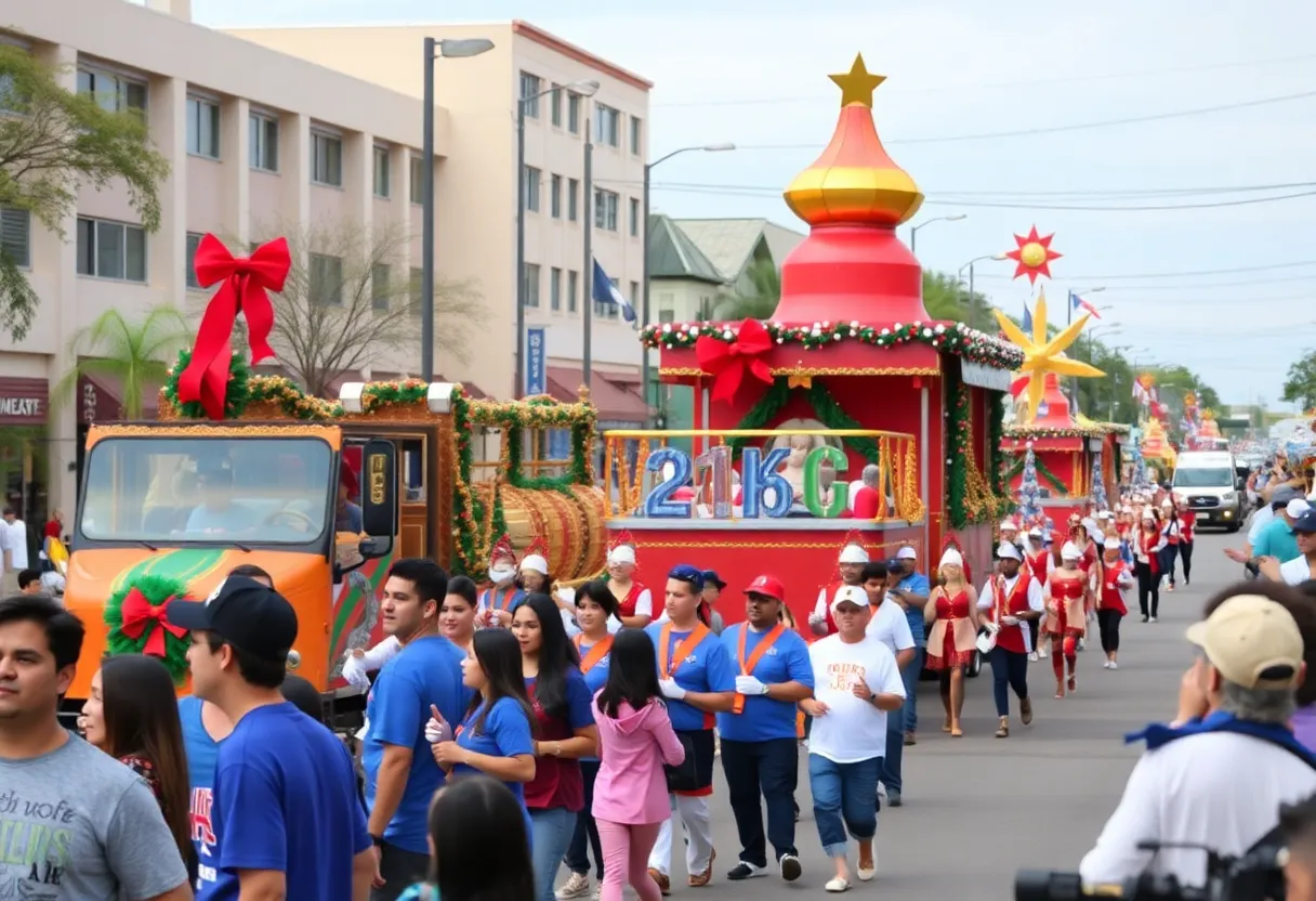 Crowd enjoying the Christmas parade in McAllen with floats and performers.