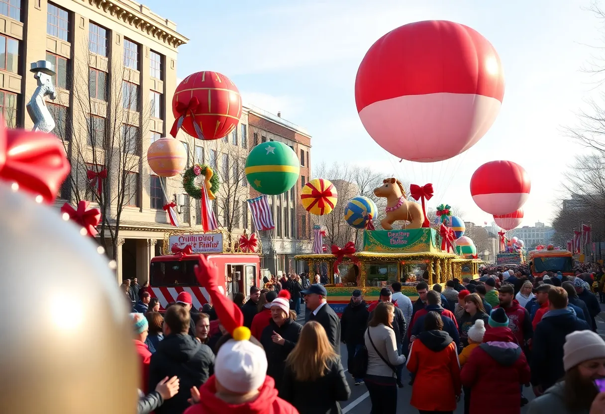 Crowds enjoying the McAllen Holiday Parade with festive balloons and floats.