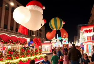 Festive scene from the McAllen Holiday Parade featuring floats and balloons