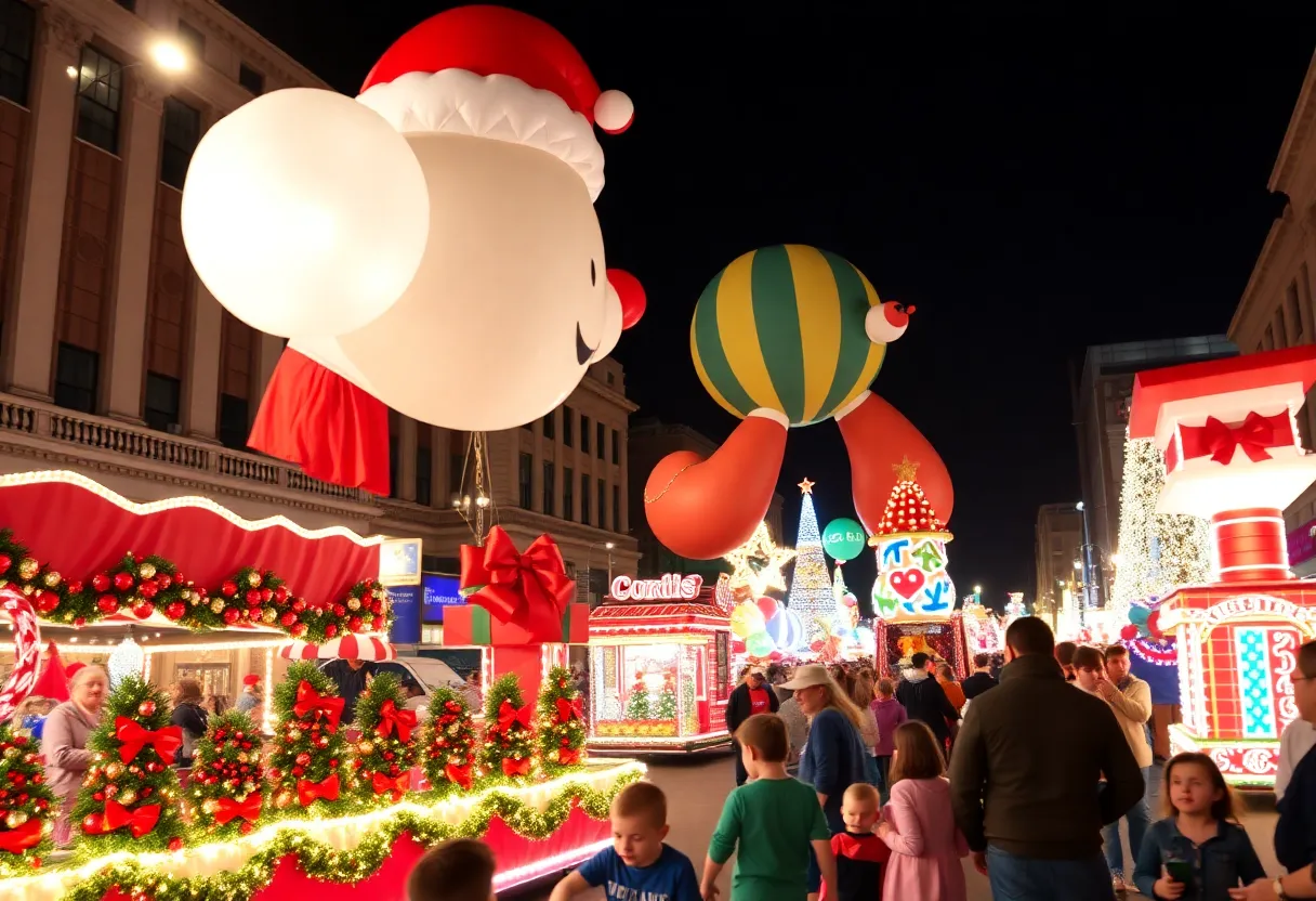 Festive scene from the McAllen Holiday Parade featuring floats and balloons