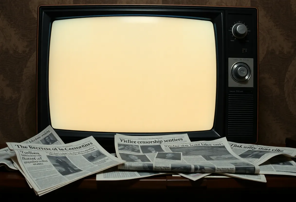 Static television with newspaper articles on media censorship