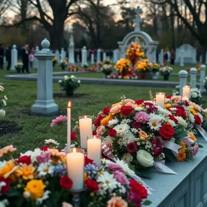 A community gathering at a memorial service in a cemetery.